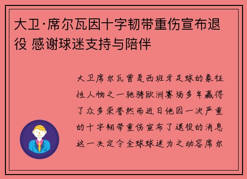 大卫·席尔瓦因十字韧带重伤宣布退役 感谢球迷支持与陪伴 大卫·席尔瓦因十字韧带重伤宣布退役 感谢球迷支持与陪伴